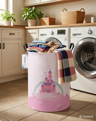 Round Foldable Pink Fairy Castle Laundry Hamper - Image 6