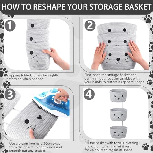 3-Tier Cat Theme Cotton Rope Hanging Basket Organizer, Wall Storage Bin - Image 3
