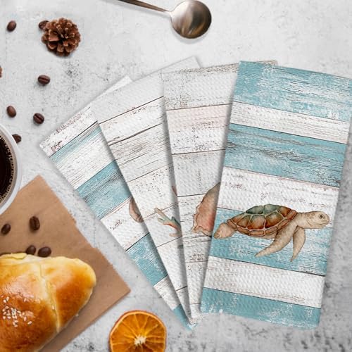 Beach Coastal Kitchen Towels and Dishcloths Set of 4, Lake House Beachy - Image 3