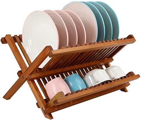 Utoplike Teak Wood Dish Drying Rack, Foldable Plate Organizer Countertop | by Utoplike