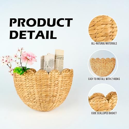 LUSYDECO Set of 2 Scalloped Wicker Wall Storage Basket, Woven Boho Wall Decor - Image 2