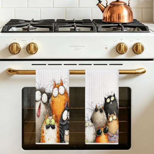 2 Pcs Cute Cat Kitchen Towels, Funny Cats Gifts Absorbent Hand Towels-07 - Image 5