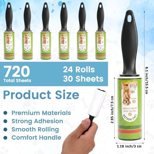 24 Rolls Compact Lint Rollers for Pet Hair Extra Sticky, Dog & Cat Hair Remover - Image 2