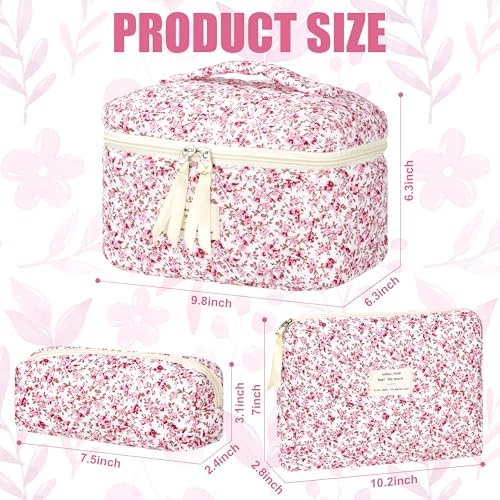BuyCard Quilted Makeup Bag Set, CuteFloral Cotton Coquette Makeup Bag Toiletry - Image 2