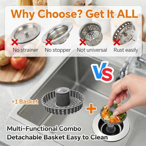 Solid Brass Body 3-in-1 Kitchen Sink Drain Strainer & Stopper, Heavy Duty Pop - Image 5