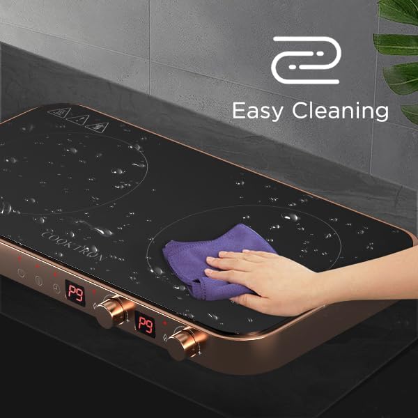 Portable Compact 2 Burner Induction Cooktop Electric Stove w/Smokeless Cast Iron Griddle Grill & Temperature Control & Child Lock, Rose Gold