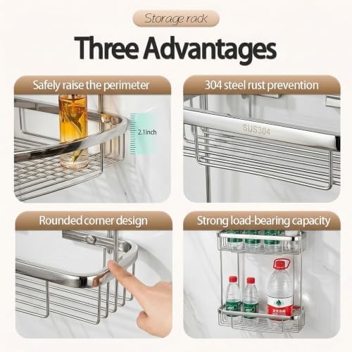 Corner Shower Caddy, 304 Stainless Steel Bathroom Shelf Organizer, Wall Mounted - Image 3