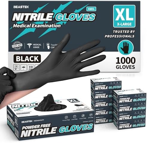 BEASTEK Black Nitrile Exam Gloves, 4 Mil, Powder-Free Food Prep Disposable by BEASTEK