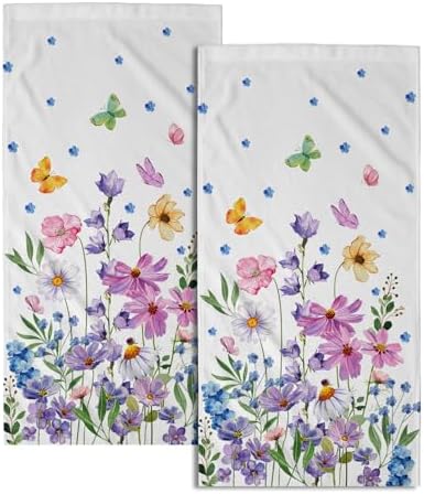 Wildflower Kitchen Towels 14"x28" Set of 2 Watercolor Floral Hand Bath Towel by Granbey