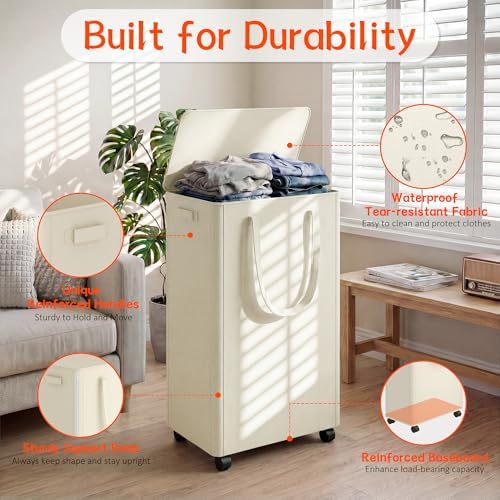 Slim Laundry Hamper with Wheels, 18 Gal Rolling Laundry Basket with lid and - Image 2