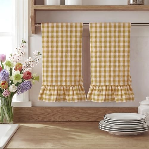 HunnmingRe 2 Pcs Yellow Pink Gingham Kitchen Towels Cotton Ruffled - Image 6