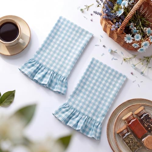 HunnmingRe 2 Pcs Light Blue Gingham Kitchen Towels Cotton Ruffled - Image 3