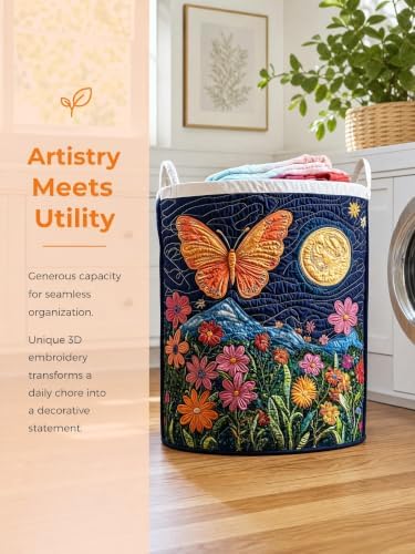 Quilted Laundry Basket with Handles, Boho Floral Quilted Storage Hamper - Image 5