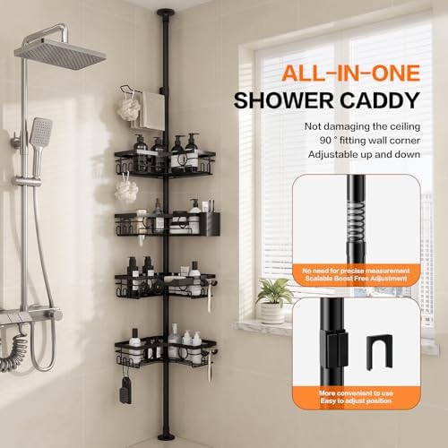 Corner Shower Caddy Tension Pole, Rustproof 4-Tier Adjustable 22-120 Inch - Image 2
