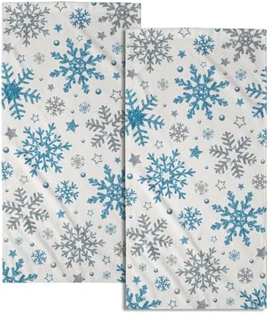 Winter Snowflake Hand Bath Towels Xmas Blue Silver Snowflakes 2 Pcs Christma by Granbey