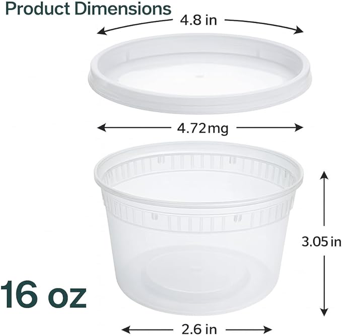 16oz [50 set] Heavy Duty Plastic Deli Container | BPA-Free Food Storage with Airtight Leak‑Proof Lids | Microwave, Freezer & Dishwasher Safe – Stackable, Bulk Reusable Soup & Meal Prep Tub