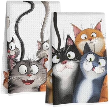 Jztco 2 Pcs Cute Cat Kitchen Towels, Cats Soft Absorbent Hand Tea Towels by Jztco