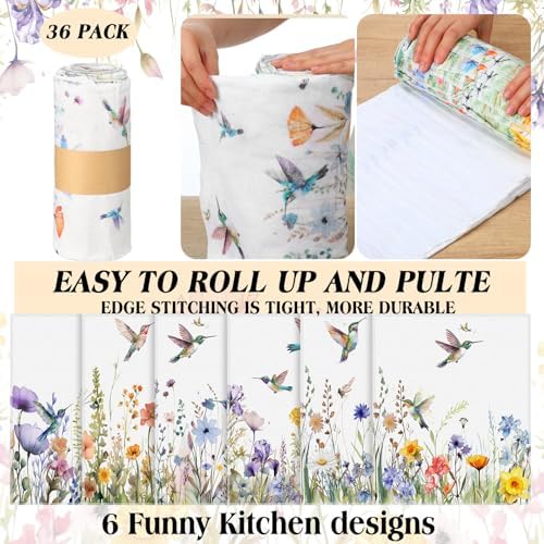 36 Pack Reusable Cloth Kitchen Paper Towels, Hummingbird Flowers - Image 5