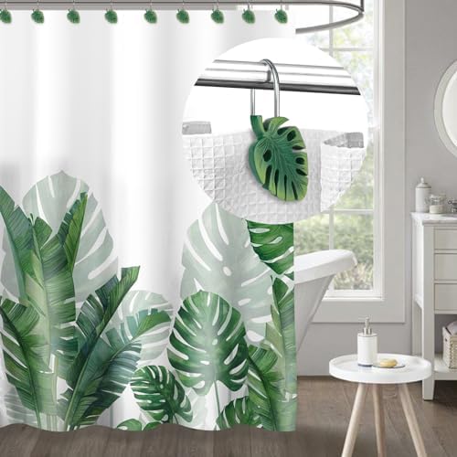 Tropical Leaf Decorative Shower Curtain Hooks Green Botanical Shower Curtain - Image 4