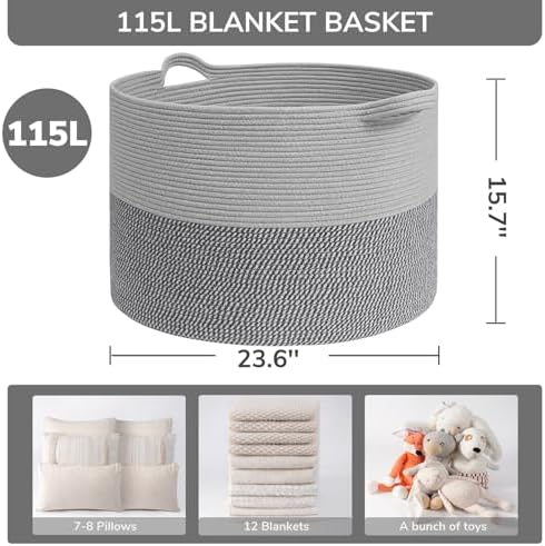 INDRESSME 115L Extra Large Woven Rope Blanket Basket Living Room - Image 2