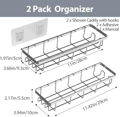 Shower Caddy Organizer with Hooks, Self Adhesive Bathroom Shelves, No Drilling - Image 2