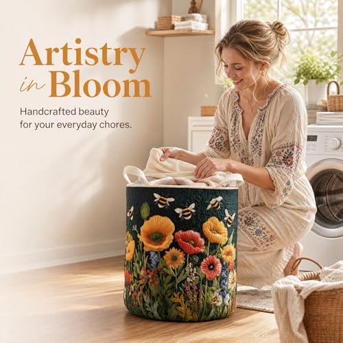 Quilted Laundry Basket with Handles, Boho Floral Quilted Storage Hamper - Image 2