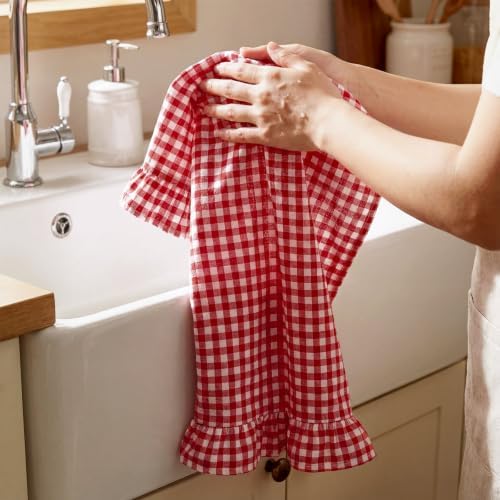HunnmingRe 2 Pcs Red Gingham Kitchen Towels Cotton Ruffled - Image 4