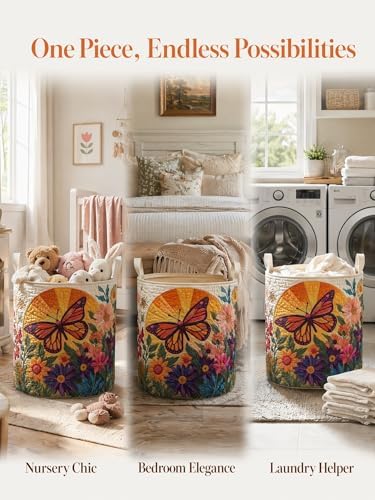 Quilted Laundry Basket with Handles, Boho Floral Quilted Storage Hamper - Image 2
