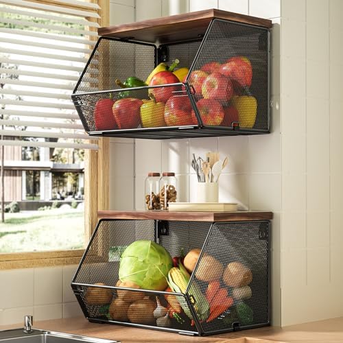 Stackable Fruit Basket for Kitchen Countertop Space Saving, Wall Mounted Mesh by Litwaro