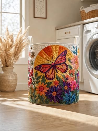 Quilted Laundry Basket with Handles, Boho Floral Quilted Storage Hamper - Image 5