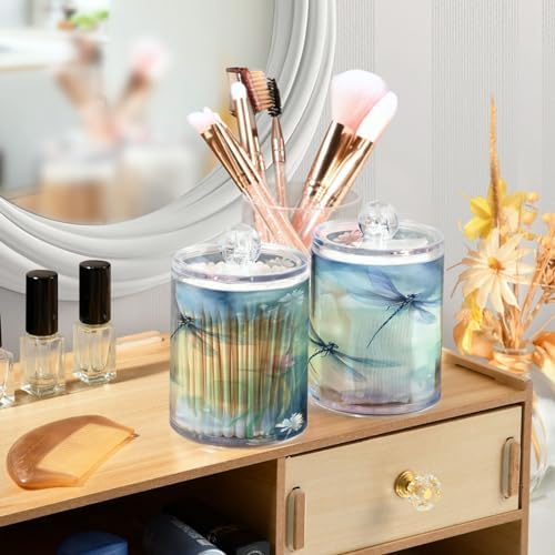 2 Pack Apothecary Jars Bathroom Watercolor Dragonflies Qtip Holder Dispenser - Image 6