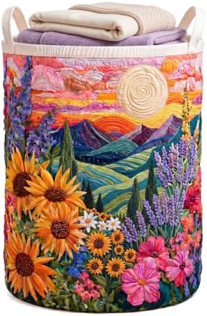 Quilted Laundry Basket with Handles, Boho Floral Quilted Storage Hamper by Unknown