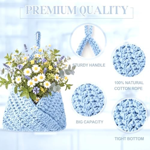 Honeydak 3 Hanging Baskets, Light Blue, Cotton Rope - Image 4