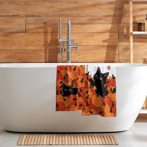 Fall Black Cat Pumpkins Bathroom Towels Set Autumn Leaves Hand Towels - Image 7