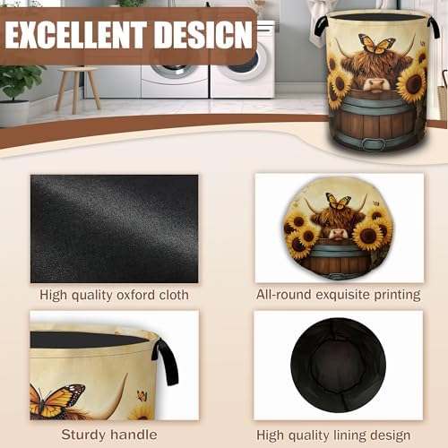 Highland Cow Laundry Hamper, Sunflower Butterflies Collapsible Laundry Baskets - Image 5