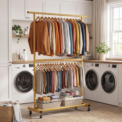 Sywhitta Double Rod Metal Clothing Garment Rack on Wheels - Image 6