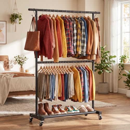 Sywhitta Double Rod Metal Clothing Rack on Wheels - Image 6