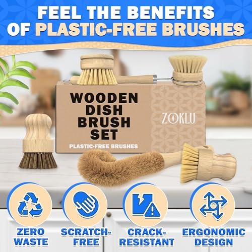 5 Pcs Bamboo Dish Brush Set, Non-Scratch Bristles, Replacement Head - Image 6