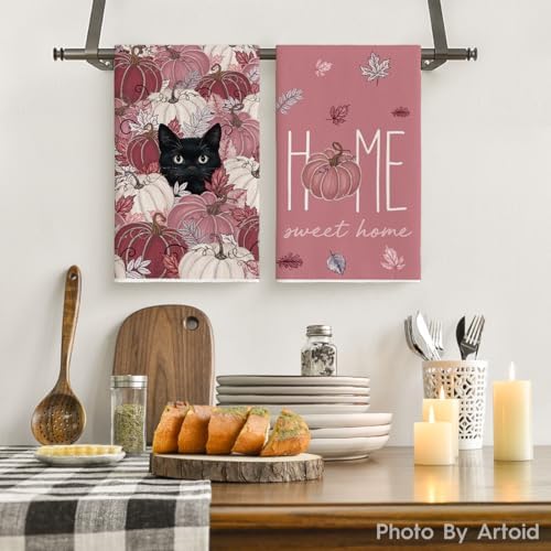 Artoid Mode Pink Pumpkin Cat Fall Kitchen Towels Set of 4 18x26 Inch - Image 2