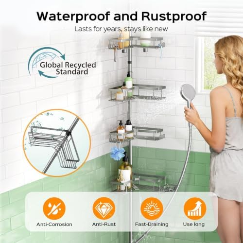 HAMITOR Shower Organizer Tension Pole: 4 Tier L-Shaped Corner Bath Shelf - Image 2
