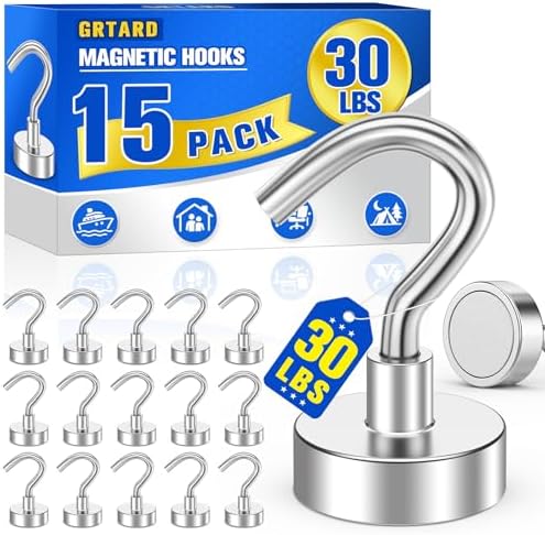 Grtard 15 Pack Silver Magnetic Hooks Heavy Duty, 30LBS Strong Magnet Hooks by Grtard