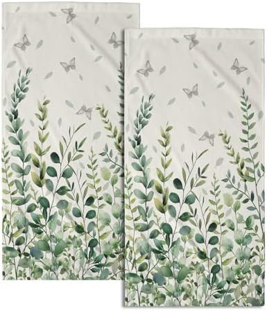 Sage Green Eucalyptus Hand Bath Towel Watercolor Leaves Butterfly Soft by Granbey