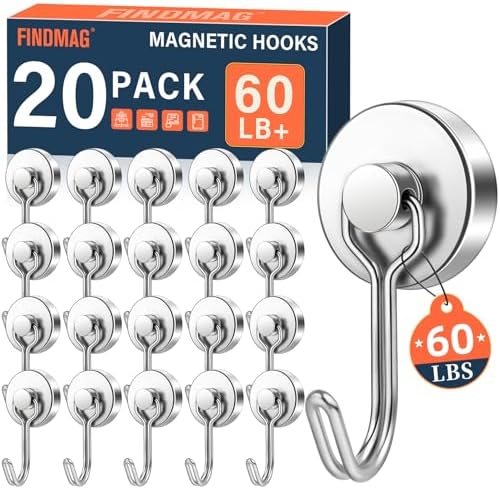 FINDMAG 20 Pack Silver Metal Magnetic Hooks, 60LB+ Magnet Hooks by FINDMAG