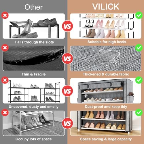 VILICK Shoe Rack with Cover Narrow Shoe Organizer with Pockets 10 Tier Tall - Image 5