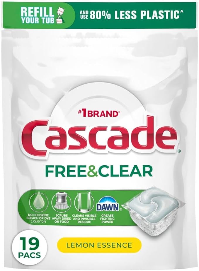 Cascade Free & Clear Dishwasher Pods, Dishwasher Detergent, Dish Detergent Soap, Lemon Essence, 19 Count