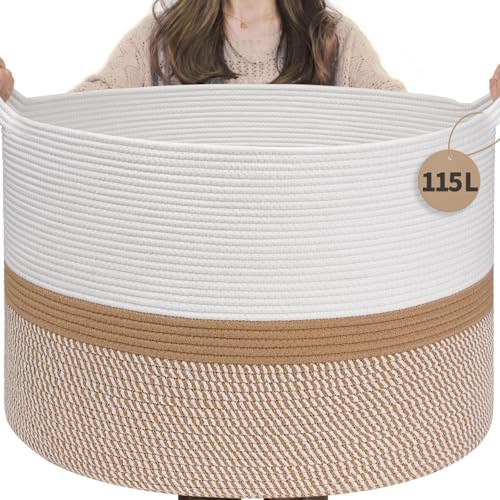 INDRESSME 115L Extra Large Woven Rope Blanket Basket Living Room WhiteCamel by INDRESSME