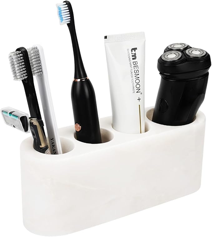 BCS Toothbrush Holder for Bathrooms, 4 Slots Marble Toothbrush and Toothpaste by BCS