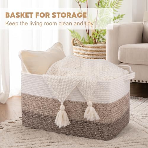 OIAHOMY Large Blanket Basket, 65L Cotton Rope Woven Laundry Basket, Toy Bin - Image 2
