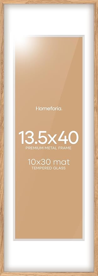 Homeforia 13.5x40 Wood Frame, High End Natural Oak 13.5x40 Light Wooden Picture Frame with Mat 10x30, 13.5 x 40 Poster Frames Matted to 10 by 30 Art, 40x13.5 Frames, Tempered Glass, Wall Kit, Set of 1