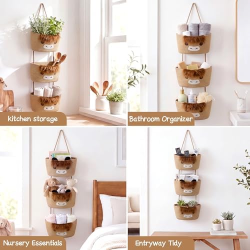 Highland Cow Nursery Decor 3-tier Highland Cow Cotton Rope Hanging Basket - Image 6